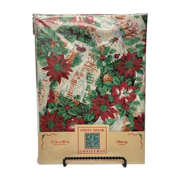 Ashley Taylor Christmas Tablecloth 52x90 Flannel Backed Vinyl Holly Vintage New - Picture 1 of 6